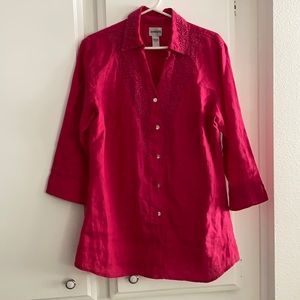 Fuschia Pink Beaded Chico’s Linen Blouse, Sz 1